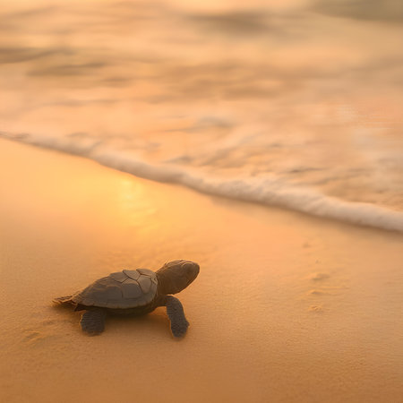 Little baby sea turtle on the beach at sunset time, soft focusの素材