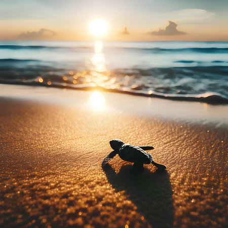 Silhouette of little turtle on the beach with sunset background.の素材