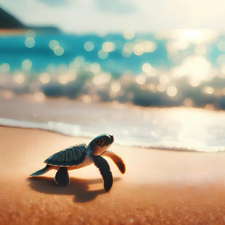 Little turtle on the beach at sunset. Concept of summer holidays.の素材
