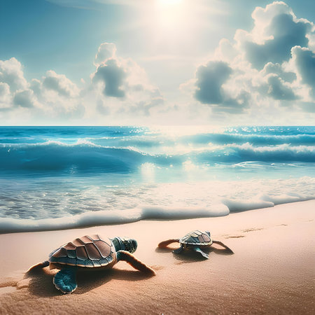 Sea turtles on the sandy beach at sunset. 3d render.の素材