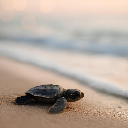 Little baby sea turtle on the beach at sunset. Soft focus.の素材