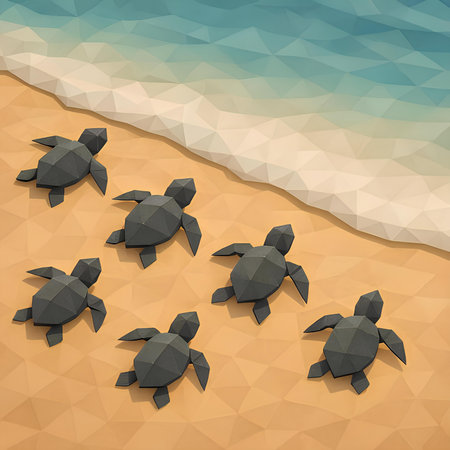 Turtle family on the beach in low poly style. vector illustrationの素材