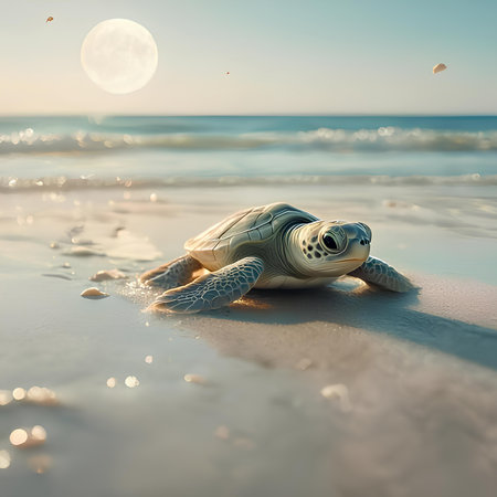 Turtle on the beach under the moonlight. 3d renderingの素材