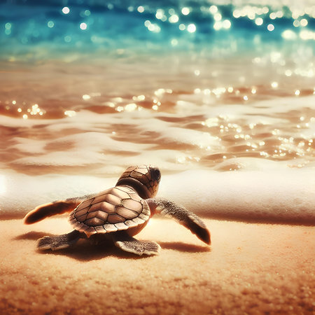 Little baby sea turtle on the sandy beach. Vintage style toned pictureの素材