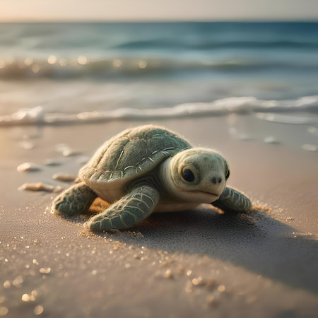turtle on the beach at sunset, soft focus and shallow depth of fieldの素材