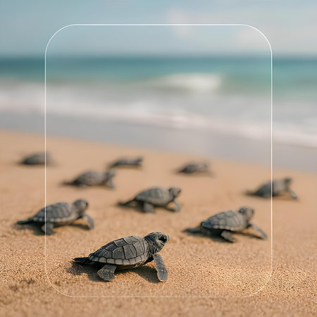 Turtle on the beach. Copy space. Square frame for text.の素材
