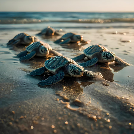 Sea turtles on the beach at sunset. Shallow depth of fieldの素材