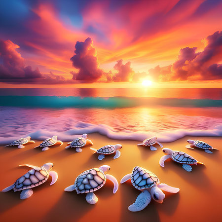 Sea turtles on the beach at sunset. 3d render illustration.の素材