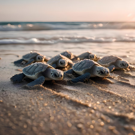 Little baby turtles on the seashore in the rays of the setting sunの素材