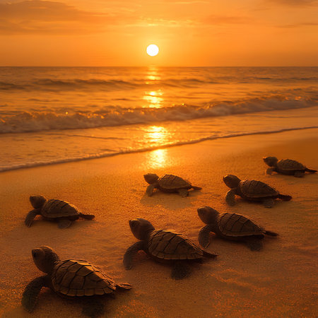 Sea turtles on the beach at sunset. Beautiful seascape.の素材
