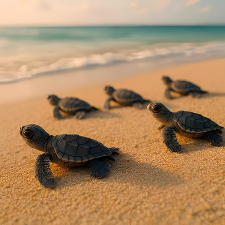 Little baby sea turtles on the sand near the sea at sunset.の素材