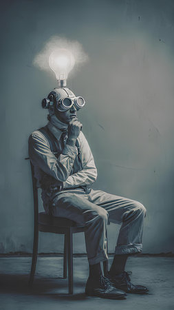 Man in gas mask sitting on chair with light bulb on his headの素材