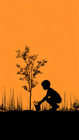 Silhouette of a boy planting a tree in the countryside.の素材
