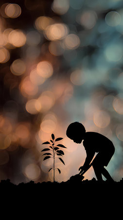 Silhouette of a child planting a tree with bokeh backgroundの素材