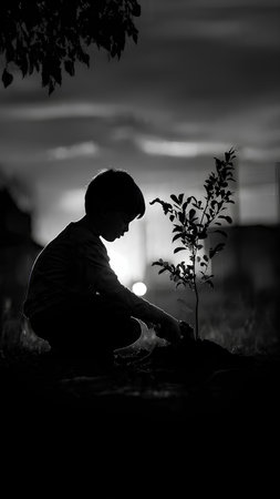 Silhouette of a man planting a tree in the garden at nightの素材