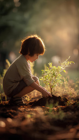 Cute little boy planting a tree in the garden on summer eveningの素材