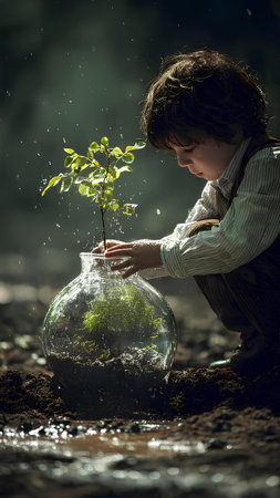Little boy watering a small plant in a glass jar. Ecology concept.の素材
