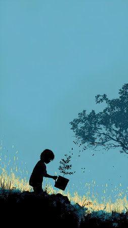 Silhouette of a boy with a book in the meadowの素材