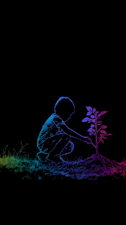 A child planting a tree on a black background. Illustration.の素材