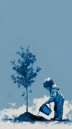 Watercolor illustration of a woman in a blue jacket watering a treeの素材
