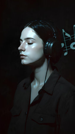 Portrait of beautiful young woman with headphones listening to music on dark backgroundの素材