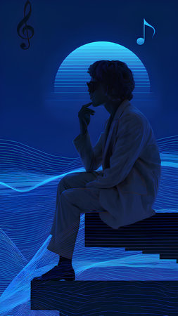 Silhouette of a man sitting in front of a music backgroundの素材