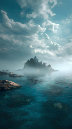 Fantasy seascape. Island in the sea. 3D renderingの素材