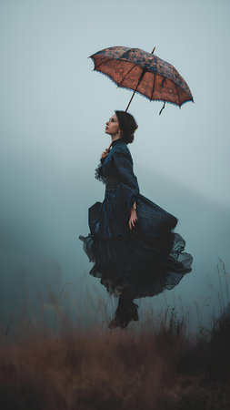 Young beautiful woman in a blue dress with an umbrella in the fogの素材