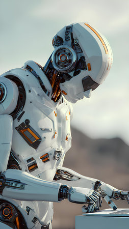 3d rendering humanoid robot in space, future technology and science fiction conceptの素材