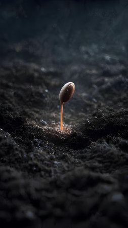 Young seedling growing from soil on dark background, concept of new lifeの素材