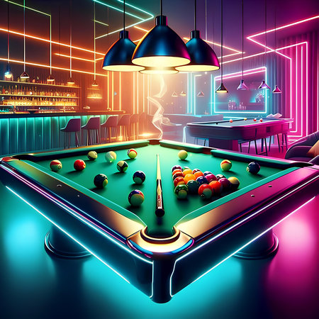 Billiard table with balls and cue in club. 3D renderingの素材