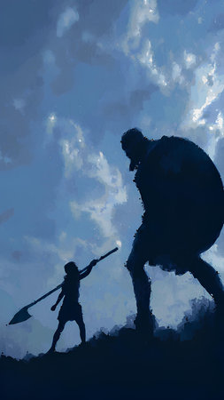 Silhouette of a knight with a spear and shield against the skyの素材