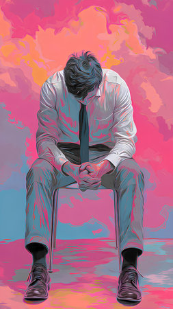 Businessman sitting on a chair in front of a colorful background.の素材