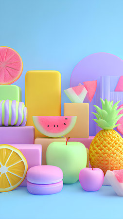 3d render of summer tropical background with fruits and pastel colorsの素材