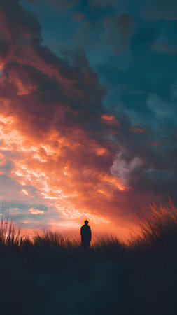 Silhouette of a man walking on the dunes at sunsetの素材
