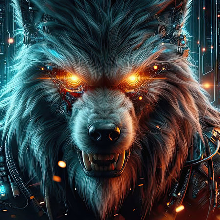 Fractal illustration of a wolf with glowing eyes in space.の素材