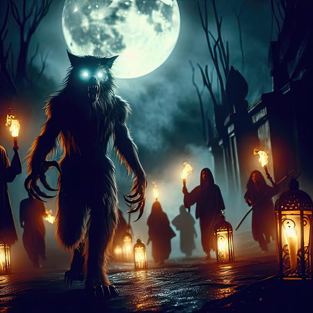 Fantasy scene of witch with a black cat on the background of the full moonの素材