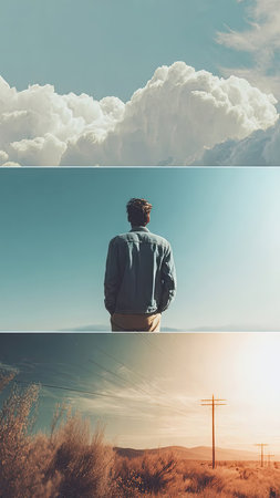Handsome young man looking at the horizon. Collage with space for text.の素材