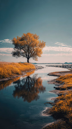 Beautiful autumn landscape with lonely tree on the shore of the lakeの素材