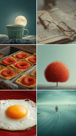 Collage of photos with different images of breakfast. Collage of photos of different foodsの素材