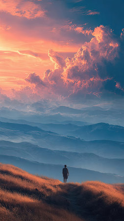 Hiker on the top of the mountain at sunset. Beautiful landscape.の素材