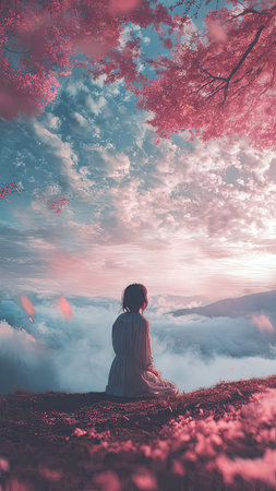 Girl sitting on the edge of the mountain and looking at the skyの素材