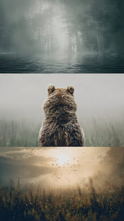 Grizzly bear in the background of a foggy forestの素材