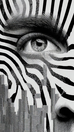 Eye of zebra with cityscape in the background, 3d illustrationの素材