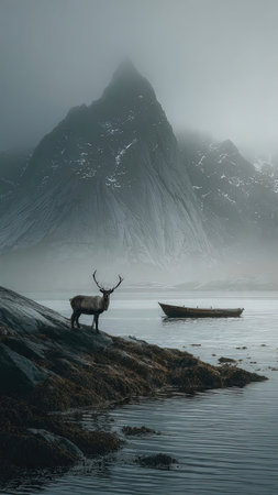 Reindeer in the fjord in Norway in the winterの素材