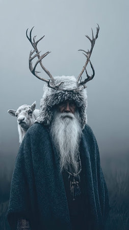 Old druid man with long gray beard and mustache in fur hat with deer on forest backgroundの素材