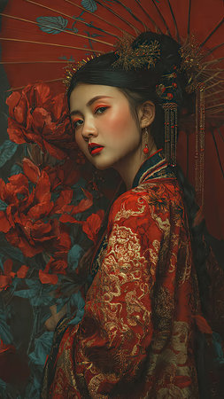 Portrait of a beautiful Asian woman in a red kimono.の素材