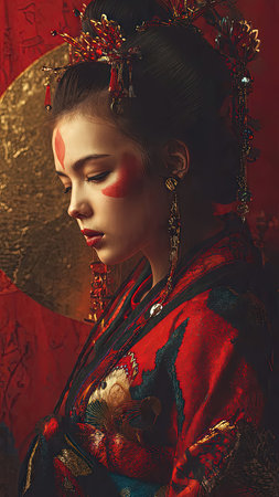 Portrait of a beautiful geisha in a red kimono.の素材