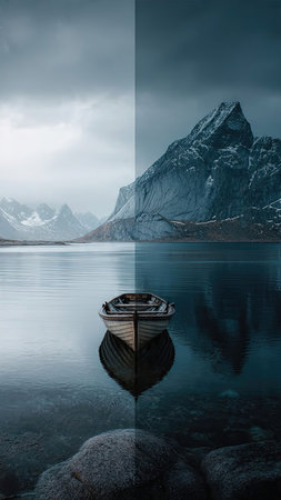 Fishing boat in the fjord, Norway. Collage.の素材