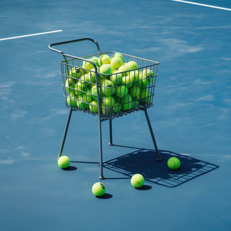 Tennis balls in a shopping cart on a tennis court. 3d renderingの素材
